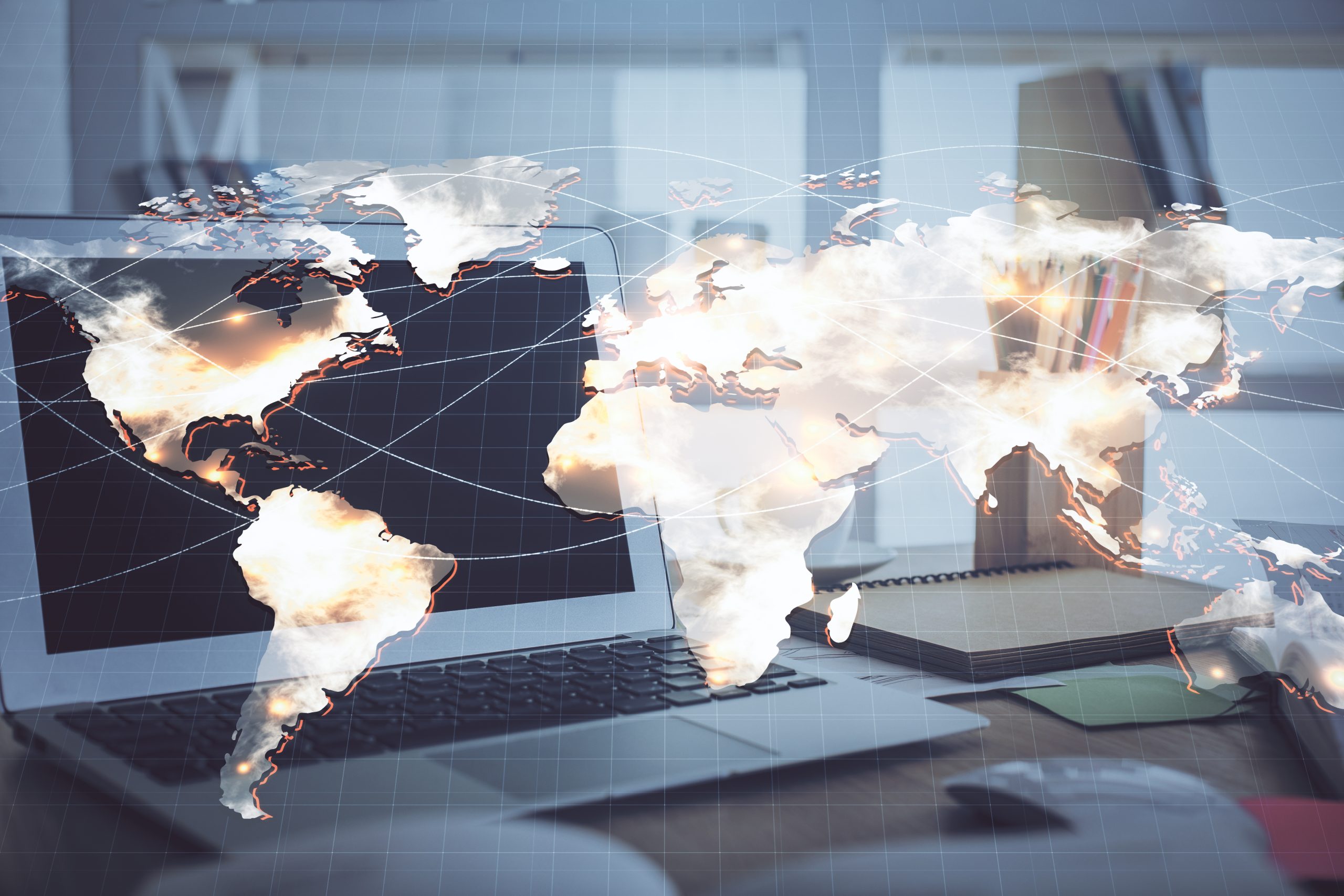 Multi exposure of business theme icons and table with computer background. Concept of success.